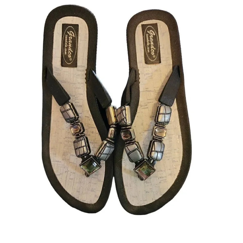 GRANDCO SANDALS SPARKLE V-THONG Silver Bling GEMSTONES & BLACK BASE Beach Pool S